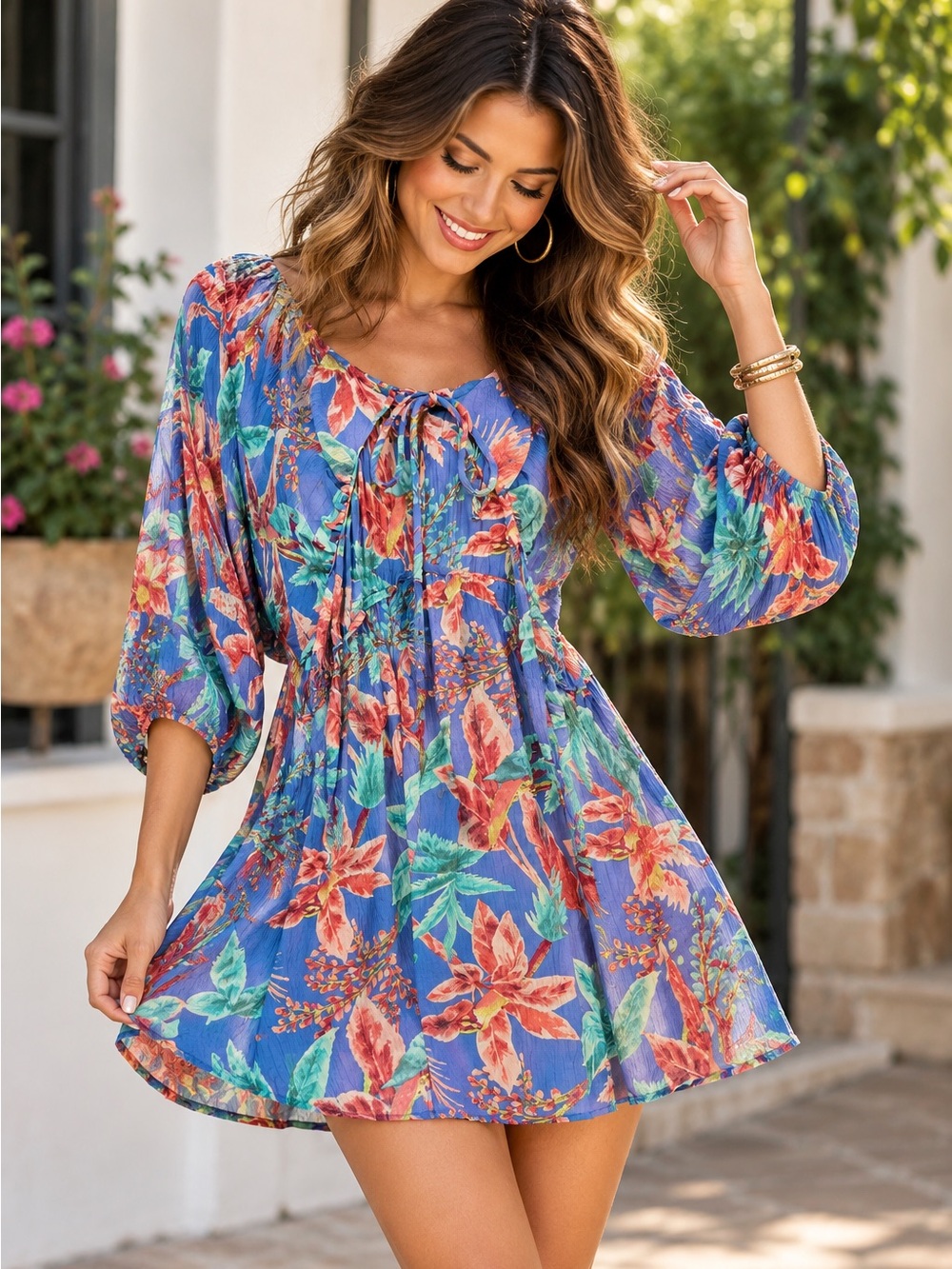 Easel Los Angeles Tropical Floral Print Tie Front Dolman Sleeve Dress Size S